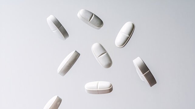 Floating white pills on a light background, creating a clean and minimalist healthcare aesthetic.
