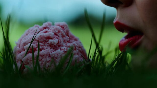 Frau mit roten Lippen k&uuml;sst Eiskugel im Gras in Nahaufnahme. K&uuml;nstliche Intelligenz KI