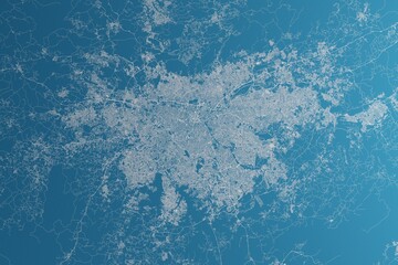 Map of the streets of Sao Paulo (Brazil) made with white lines on blue paper. Rough background. 3d render, illustration