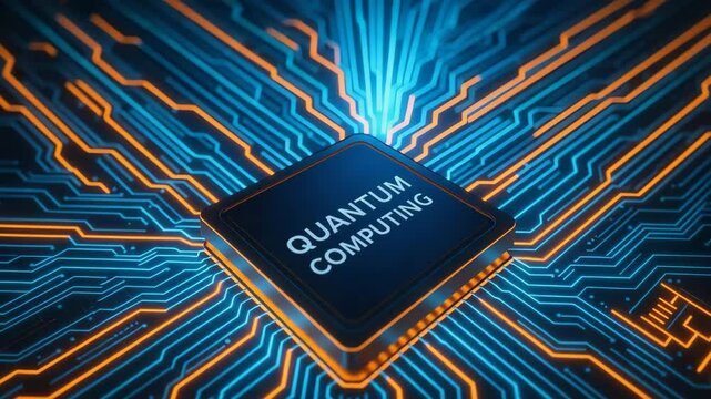 A close-up view of a quantum computing processor on a circuit board. The intricate design showcases the connection of digital technology and advanced computing power.