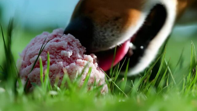 Hund leckt Eiskugel auf dem Rasen ohne Waffel. K&uuml;nstliche Intelligenz KI