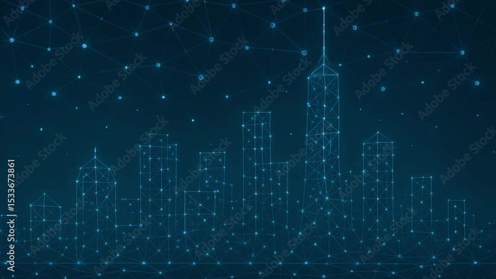 Poster a digital skyline representation featuring illuminated buildings connected by a network of dots