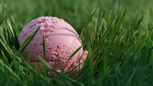 Eiskugel liegt im Gras als Symbol f&uuml;r Sommer und Verg&auml;nglichkeit. K&uuml;nstliche Intelligenz KI