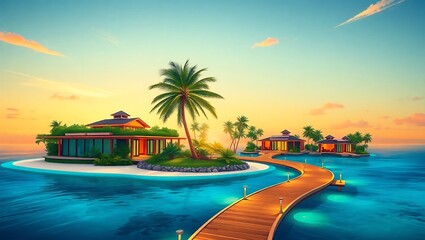 Fototapeta premium Luxury tropical island villas at sunset