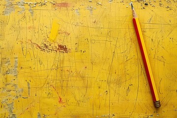 High Definition Image of a Yellow Board with a Lot of Writing and a Pencil on it