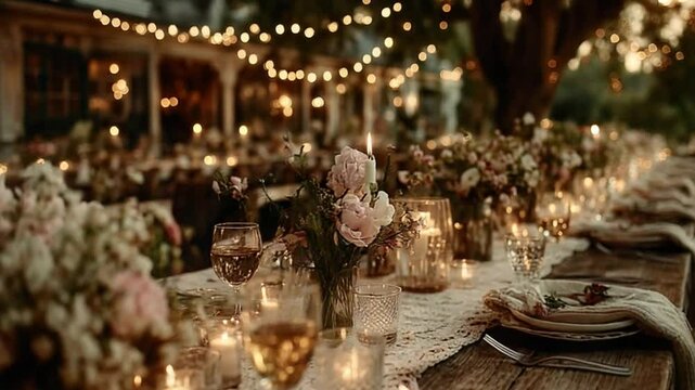 Elegant outdoor wedding reception with floral decorations and warm candle lighting