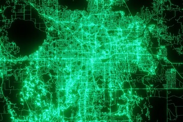 Map of the streets of Orlando (Florida, USA) made with green illumination and glow effect. Top view on roads network. 3d render, illustration