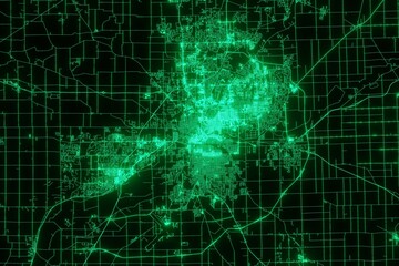 Map of the streets of Fort Wayne (Indiana, USA) made with green illumination and glow effect. Top view on roads network. 3d render, illustration