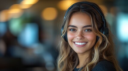 Smiling Woman with Headphones: Portrait of Happy and Connected
