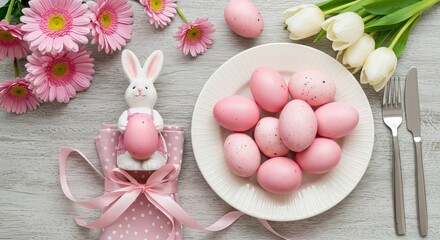 Easter table setting with pink eggs, flowers, bunny, and cutlery on a wooden surface top view