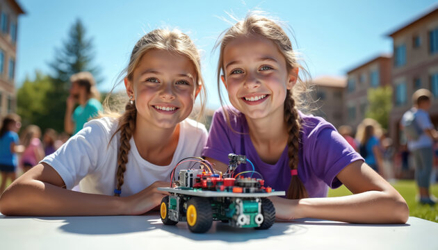 Two enthusiastic girls proudly display robotics project at STEM camp. Bright sunlight, university campus in background, team collaboration. STEM education summer activity. Smiling girls, project