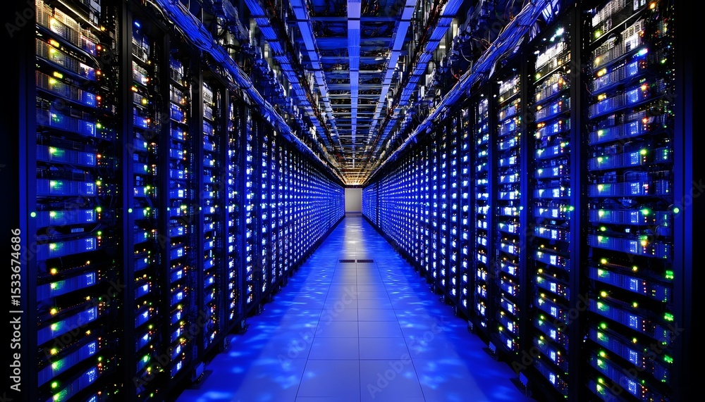 Poster massive server rack array within a data center.