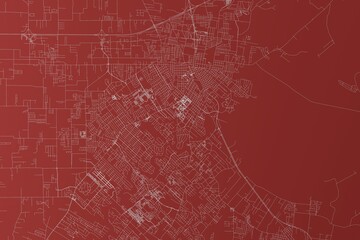 Map of the streets of Lafayette (Louisiana, USA) made with white lines on red background. Top view. 3d render, illustration