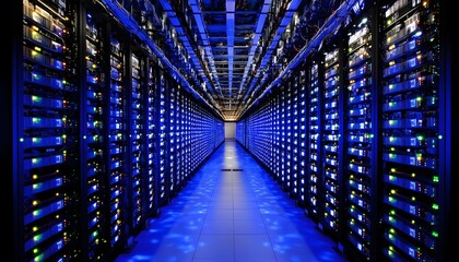 Massive server rack array within a data center.