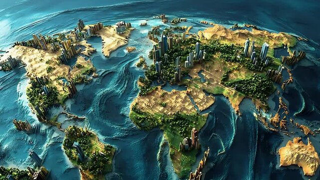 3D-rendered world map showcasing diverse landscapes, urban development, and oceanic features