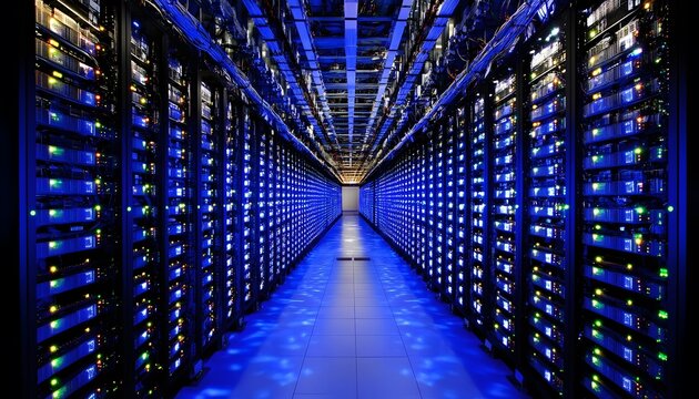Massive server rack array within a data center.