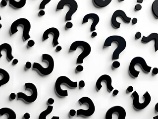 A Sea of Pondering Black Questions An Array of Inquiries and Mysteries Represented by Black Question Marks Set Against a Clean White Backdrop