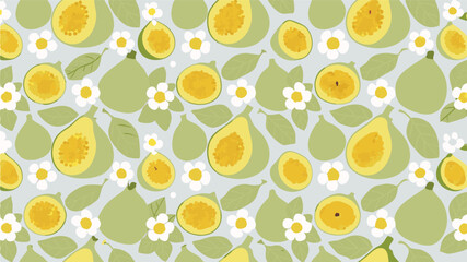 Seamless pattern featuring figs, fig slices, leaves and white flowers on a light blue background