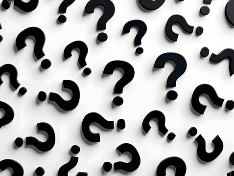 A Sea of Pondering Black Questions An Array of Inquiries and Mysteries Represented by Black Question Marks Set Against a Clean White Backdrop