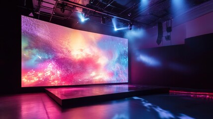 Colorful abstract projection on large screen in dark modern stage.