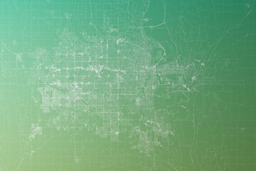 Map of the streets of Omaha (Nebraska, USA) made with white lines on yellowish green gradient background. Top view. 3d render, illustration