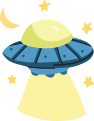 A cartoon illustration of a UFO flying in the night sky with stars and moon
