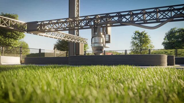 A crane-based 3D printer constructs a concrete building under a clear sky in an open field.