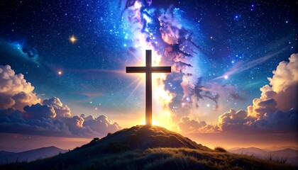 Fototapeta premium Cross on hill at sunset with cosmos.