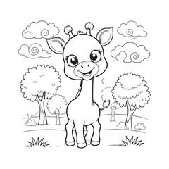 Cute cartoon giraffe stands in a grassy field with trees and clouds