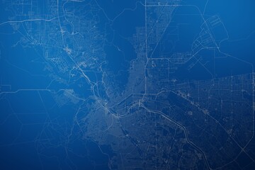 Stylized map of the streets of El Paso (Texas, USA) made with white lines on abstract blue background lit by two lights. Top view. 3d render, illustration