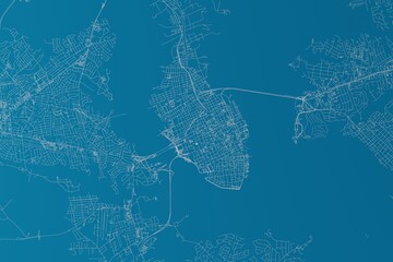 Map of the streets of Charleston (South Carolina, USA) made with white lines on blue background. 3d render, illustration