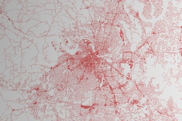 Map of the streets of Nashville (Tennessee, USA) made with red lines on white paper. 3d render, illustration