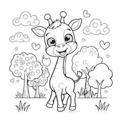 Cartoon giraffe stands in a field with trees clouds and hearts