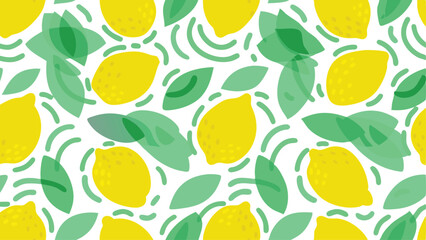 Seamless pattern featuring lemons with green leaves and curved lines on a white background design style