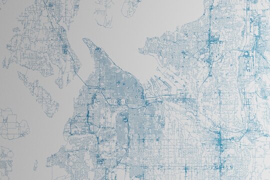 Map of the streets of Tacoma (Washington, USA) made with blue lines on white paper. 3d render, illustration