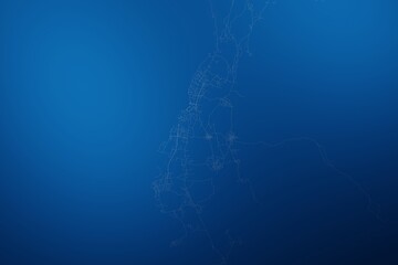 Stylized map of the streets of Moroni (Comores) made with white lines on abstract blue background lit by two lights. Top view. 3d render, illustration