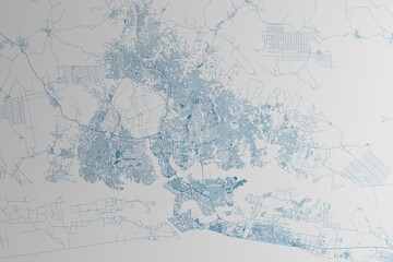 Map of the streets of Abijan (Ivory Coast) made with blue lines on white paper. 3d render, illustration