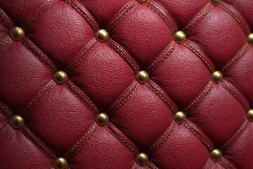 Naklejka premium Close-up view of luxurious red leather upholstery with decorative stitching and metal studs.