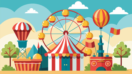 Naklejka premium Vibrant cartoon amusement park illustration with ferris wheel and carnival tent