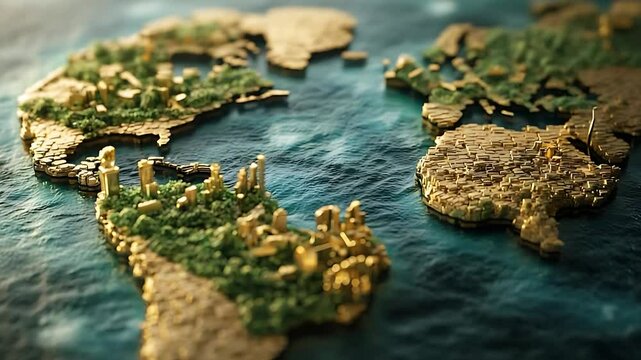 A detailed 3D rendering of a golden world map showcasing lush greenery and urban structures