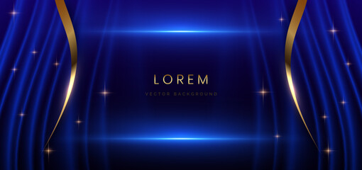 Blue curtain background. Golden confetti banner and ribbon background. Celebration grand openning party happy concept.