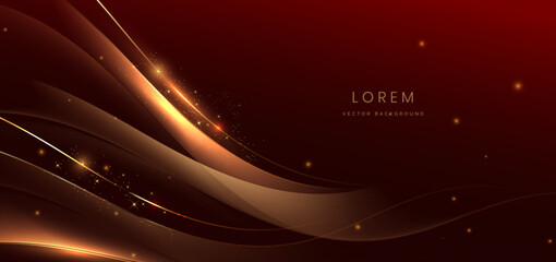 Gold wave lines on dark red background with lighting effect sparkle. Luxury template celebration award design.