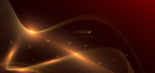 Gold wave lines on dark red background with lighting effect sparkle. Luxury template celebration award design.