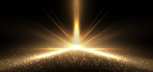 Abstract elegant gold glowing beam with lighting effect sparkle on black background.
