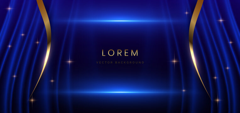 Blue curtain background. Golden confetti banner and ribbon background. Celebration grand openning party happy concept.