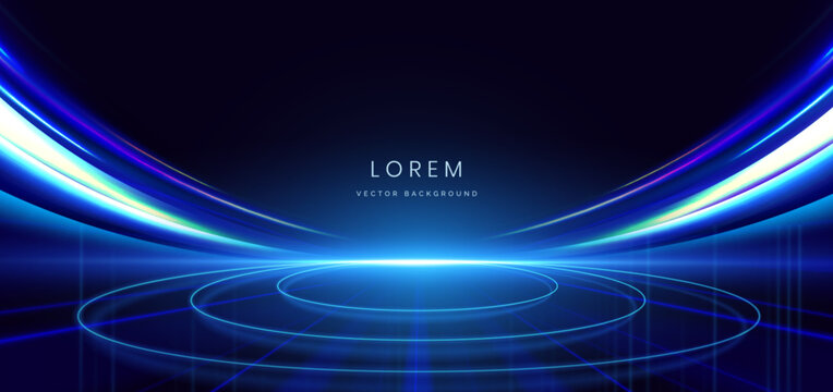 Futuristic scene glowing blue rays with blue neon lights circles on dark blue background.