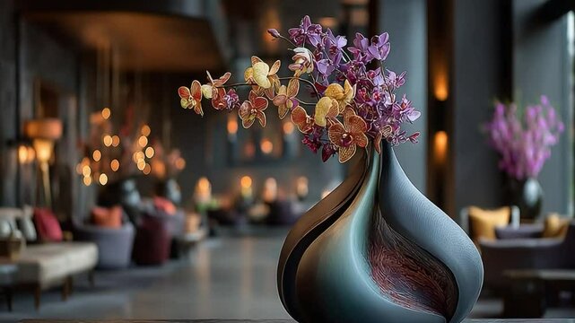 Elegant vase filled with vibrant flowers graces a cozy interior space, art decoration