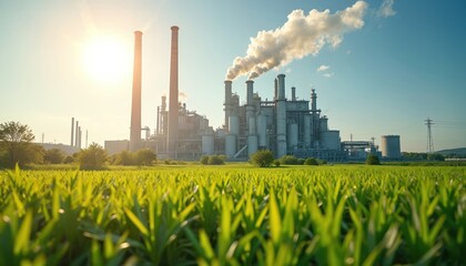 Industrial plant with tall chimneys emitting smoke. Carbon capture tech reduces pollution. Green field, blue sky illustrate eco friendly future, environment protection. Clean energy innovation for