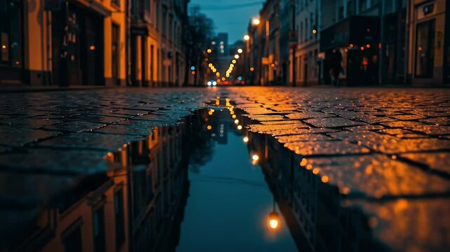 Night city street with puddle reflection
