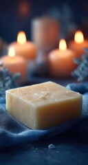 Creamy, square soap rests on blue fabric, softly lit by warm candlelight; wintery scene